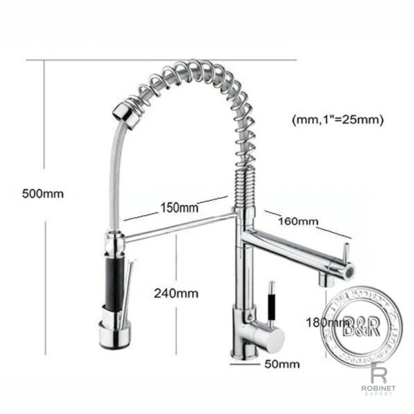 Robinet cuisine douchette, finition brillante en chrome